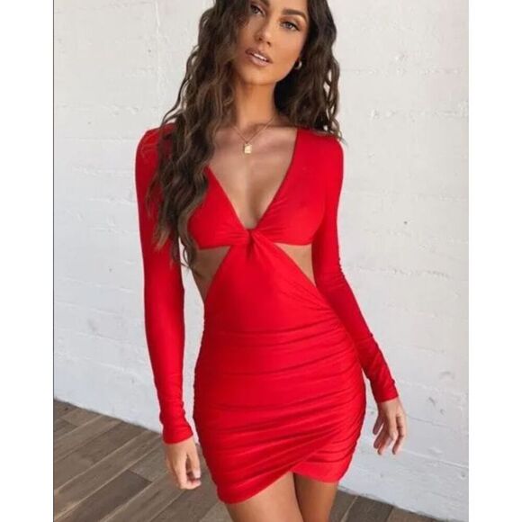NWT Tiger Mist Kya Dress Ruched Bodycon Red Sexy Bare Midriff Size Small - Picture 1 of 12